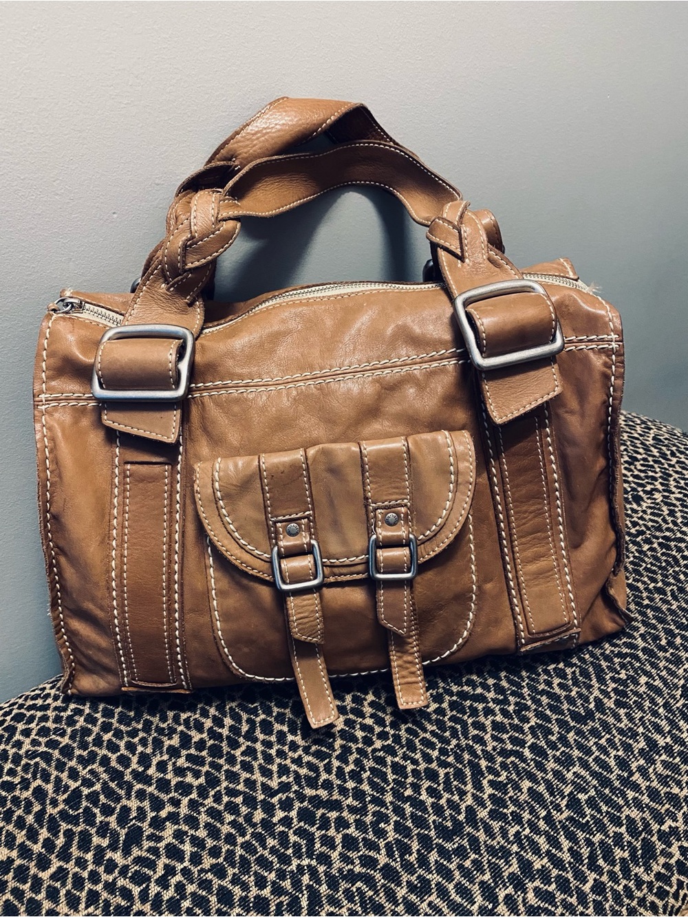 Fossil Tan White Stitching Softest Leather Shoulder Bag Large Satchel